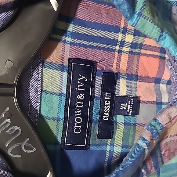 Crown & Ivy XL pink blue flannel suede elbow patches button up shirt MT48 - Picture 4 of 5